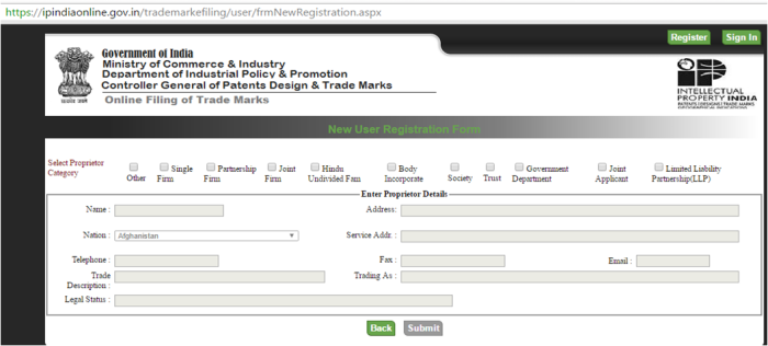 Trademark registration - fill details