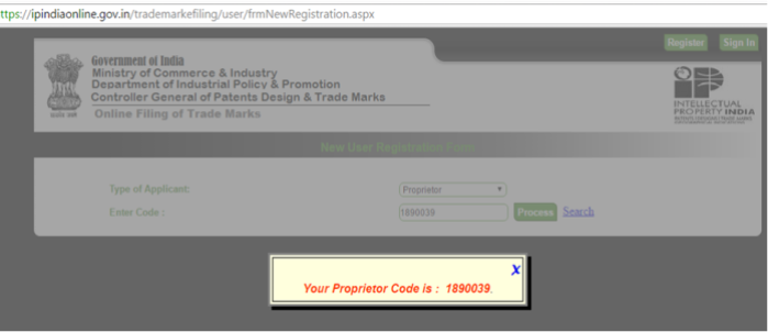 Trademark registration - proprietor code